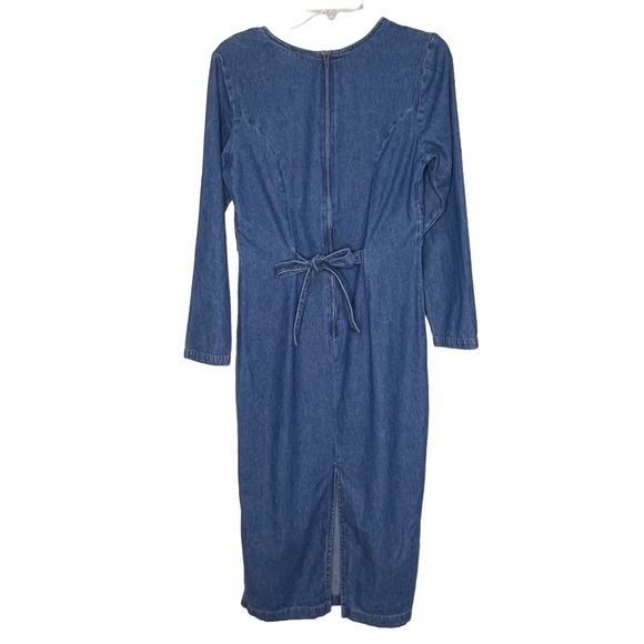 Vintage 80s 90s Denim Dress Sz‎ 10 Blue Empire Waist Zip Tie Back 100% Cotton - Picture 3 of 9